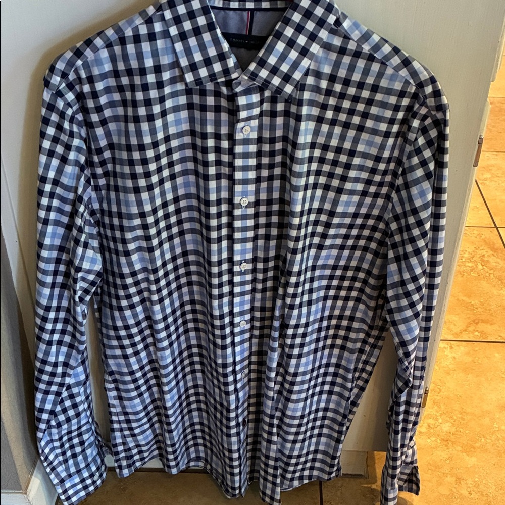 Tommy Hilfiger Navy and White Plaid Button Down Shirt